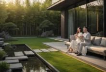 Hombre y mujer chinos tomando el té en el jardín de su vivienda de lujo