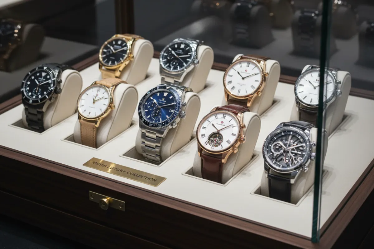 Relojes de lujo suizos expuestos en una vitrina