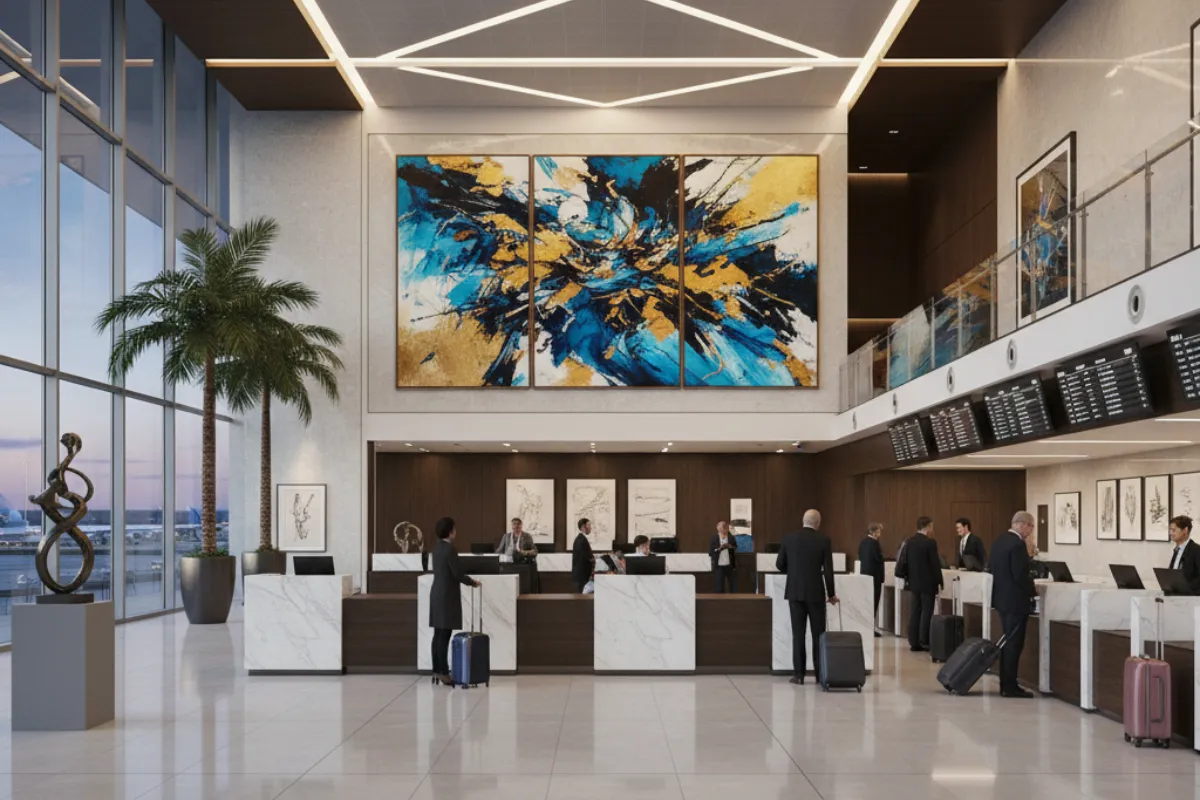 Mostradores de un aeropuerto que además exhibe obras de arte