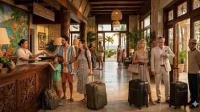 Clientes de gama media y baja en la recepción de un hotel de lujo.