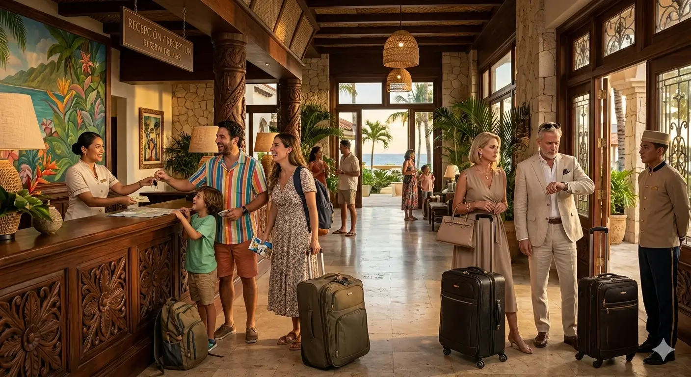 Clientes de gama media y baja en la recepción de un hotel de lujo.
