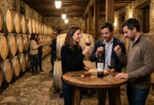 Bodega típica de vino con personas haciendo una cata