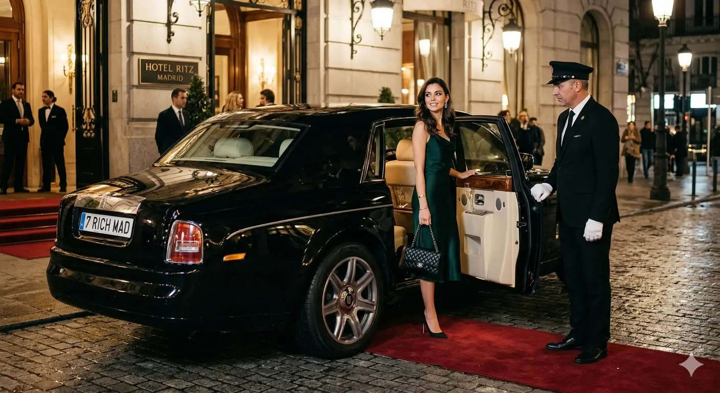 Mujer bajando de un coche de lujo a las puertas de un hotel en Madrid