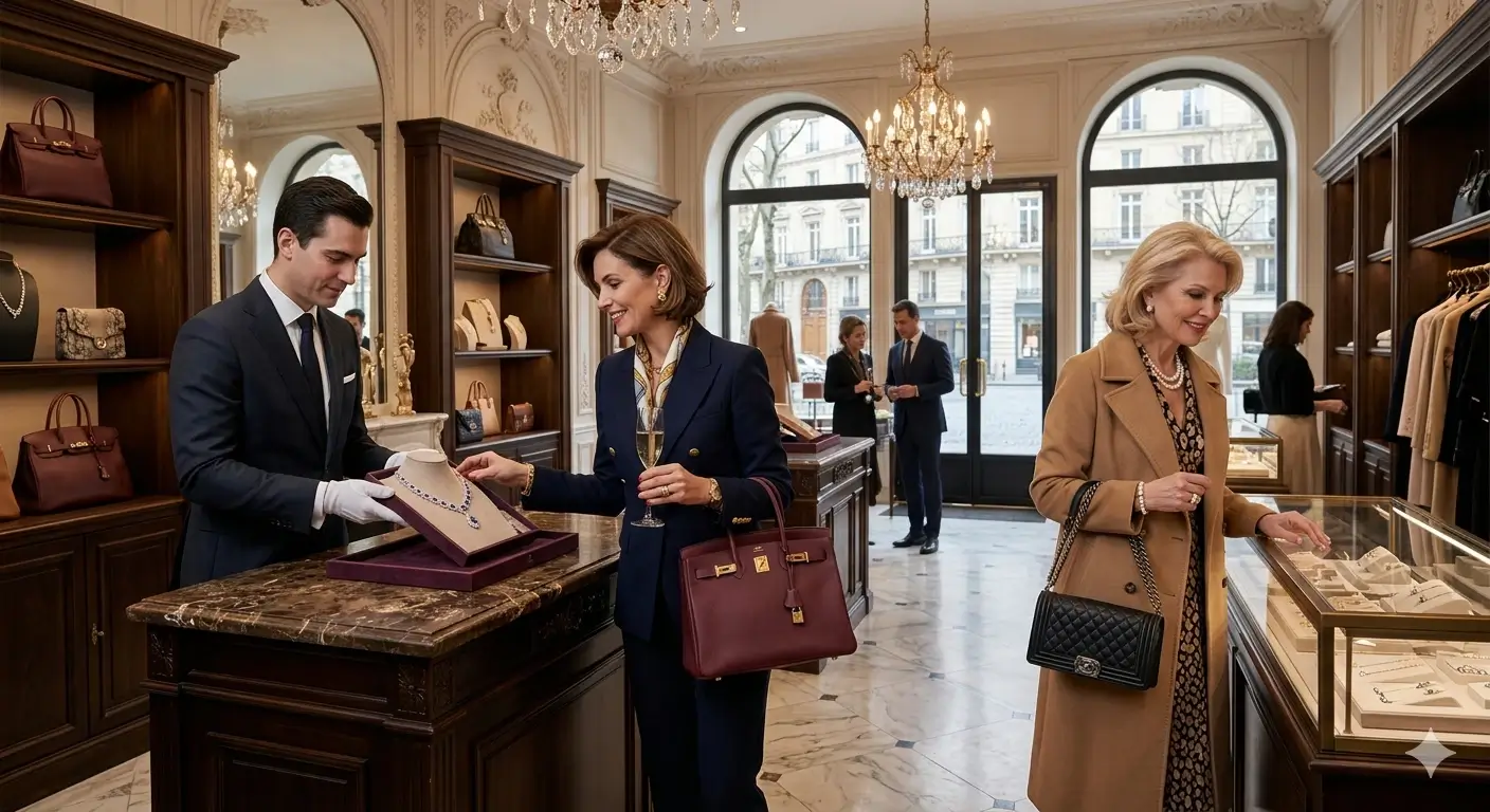 Mujeres de compras en una tienda de lujo europea