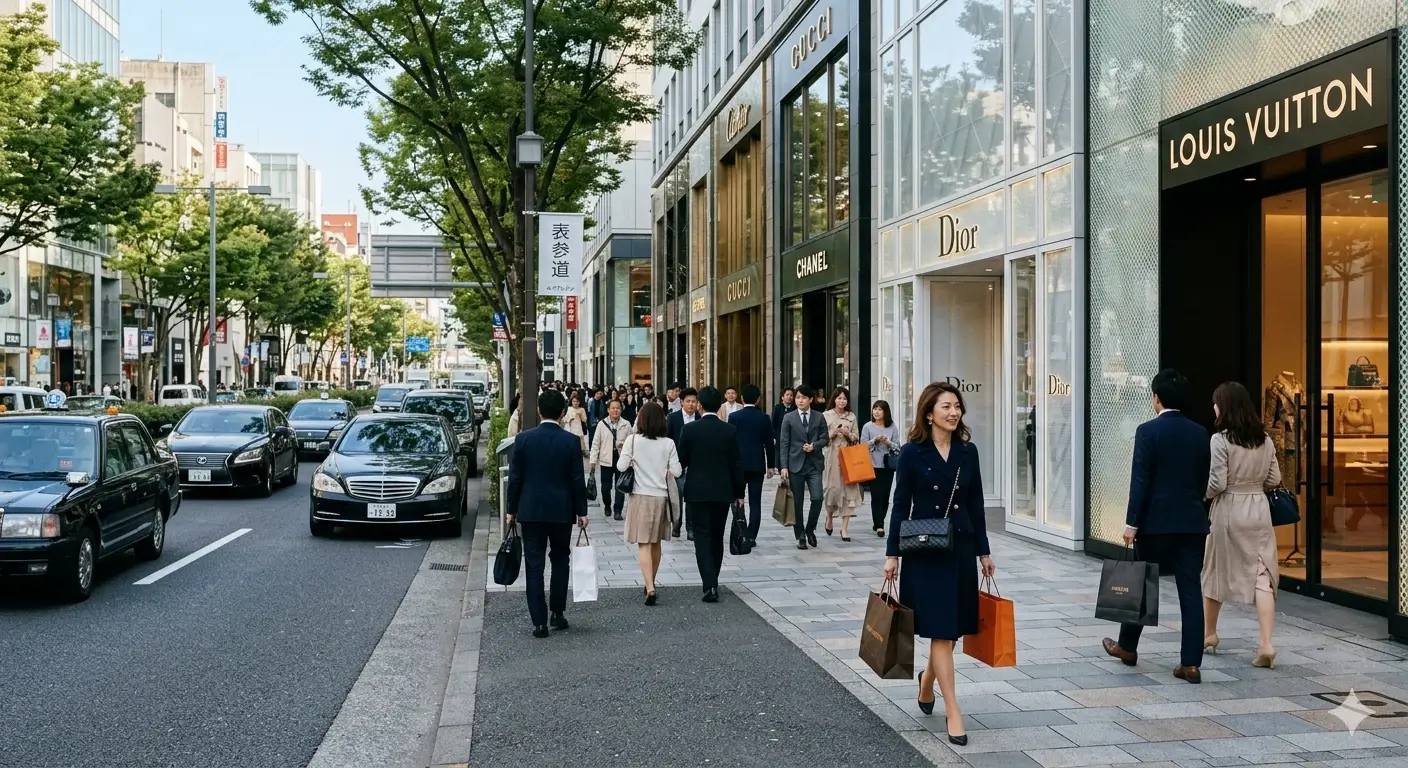 Una calle transitada con tiendas de lujo en Tokyo