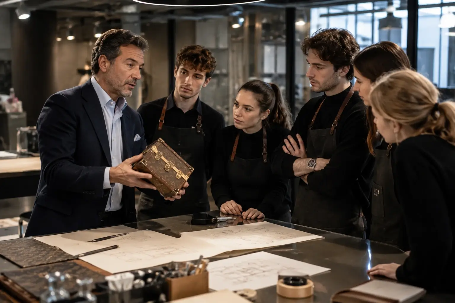 Directivo enseñando artesanía a un grupo de aprendices