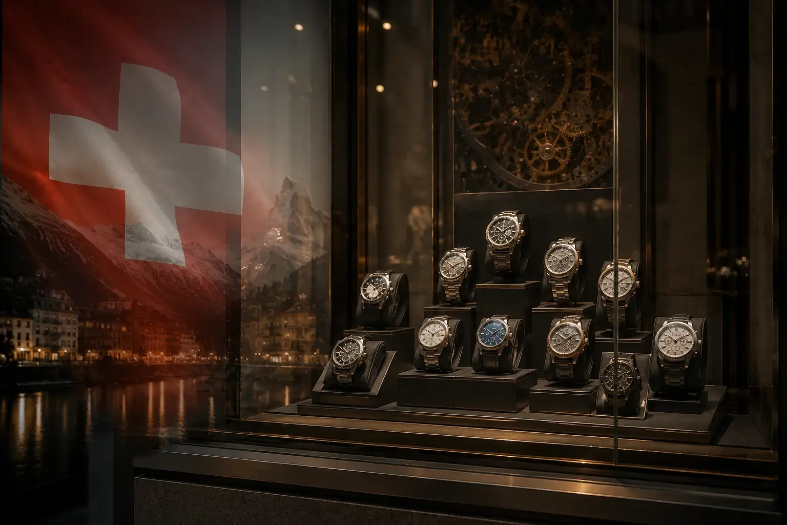 Un escaparate de una relojería que muestra relojes suizos de lujo